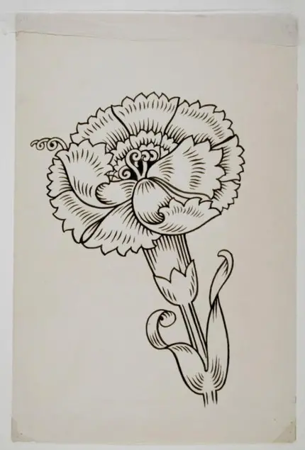 Black and white ink drawing of a flower. The drawing includes details of the flower's petals and leaves.