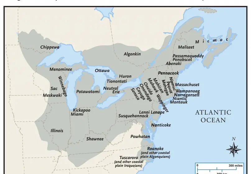 Map of Indigenous Tribes in Northeast United States circa 1500 before displacement.