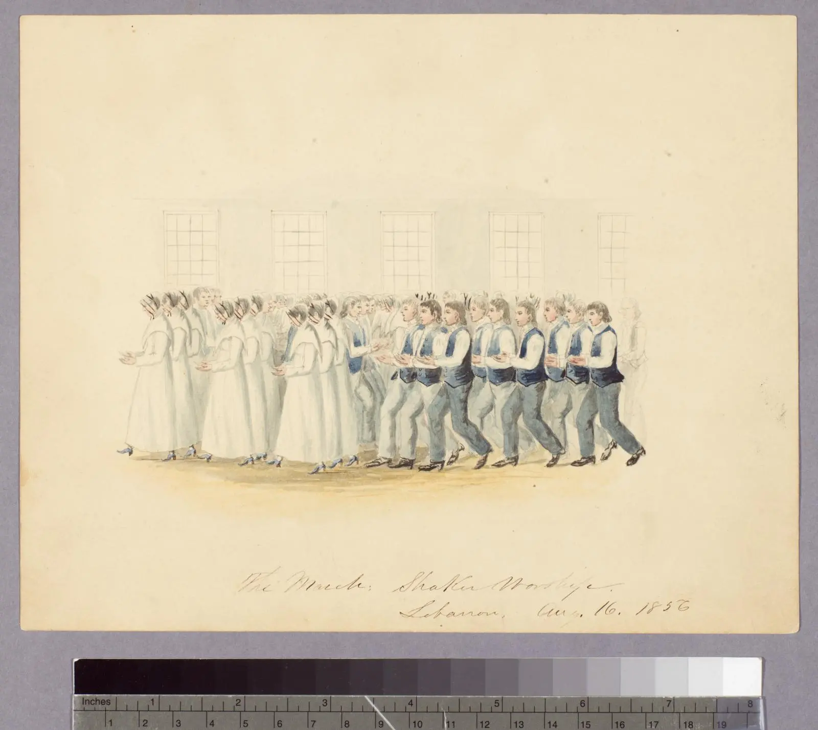 Inside a Shaker meeting house; men and women in separate ranks during the square order formation of a religious dance.